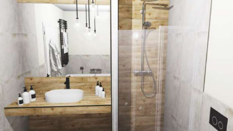 Ein Badezimmer mit Holzakzenten